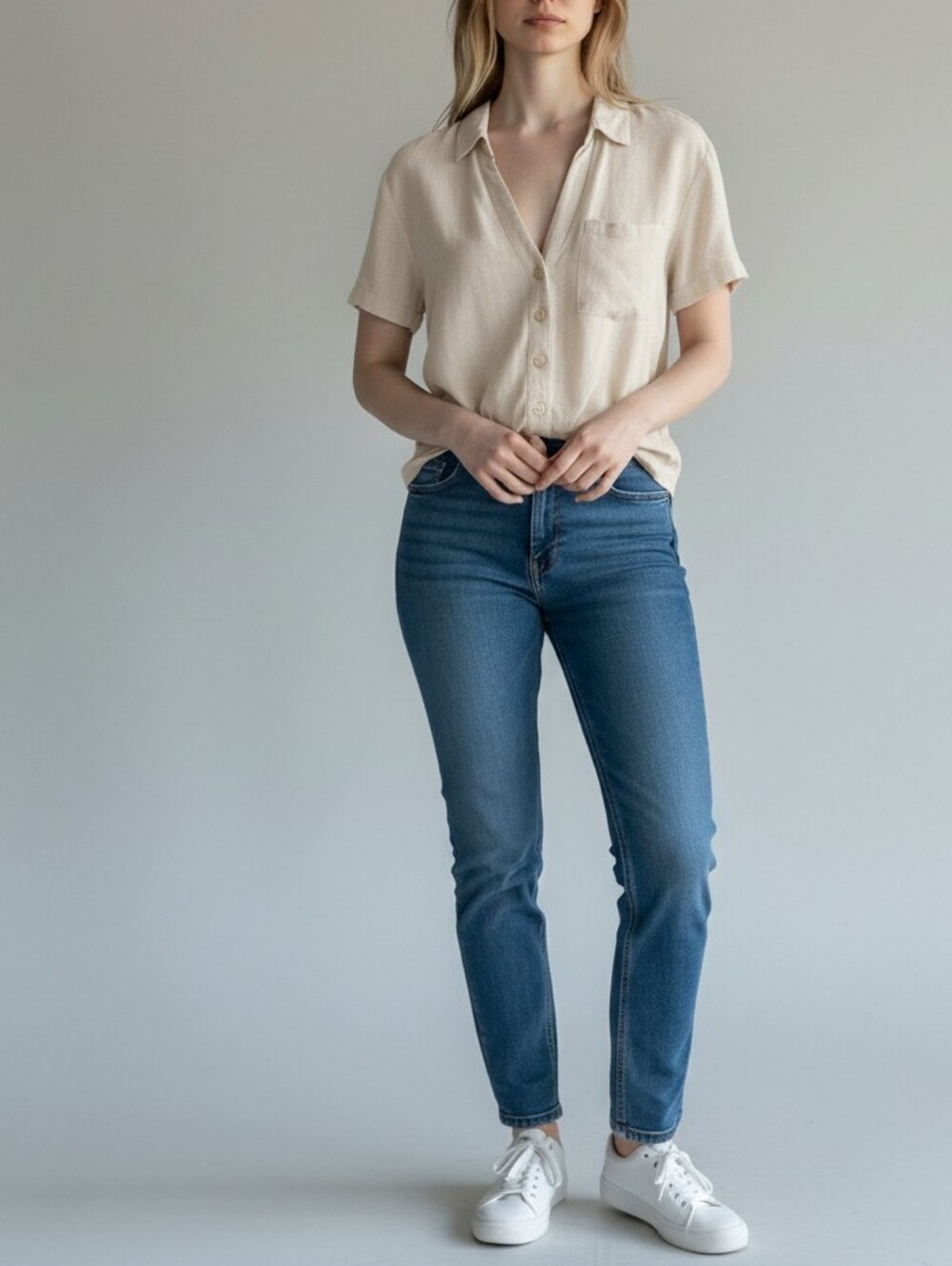 Love Notes Linen Blend Short-Sleeve Casual Button-Down Shirt Womens L Cream Boho